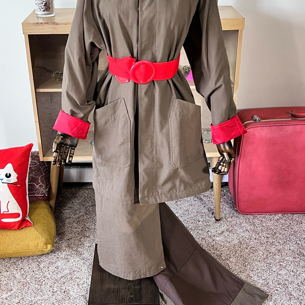 VTG 80’s Kuang Huei Utilitarian Adjustable Length Trench Coat W/ Red Lining - X